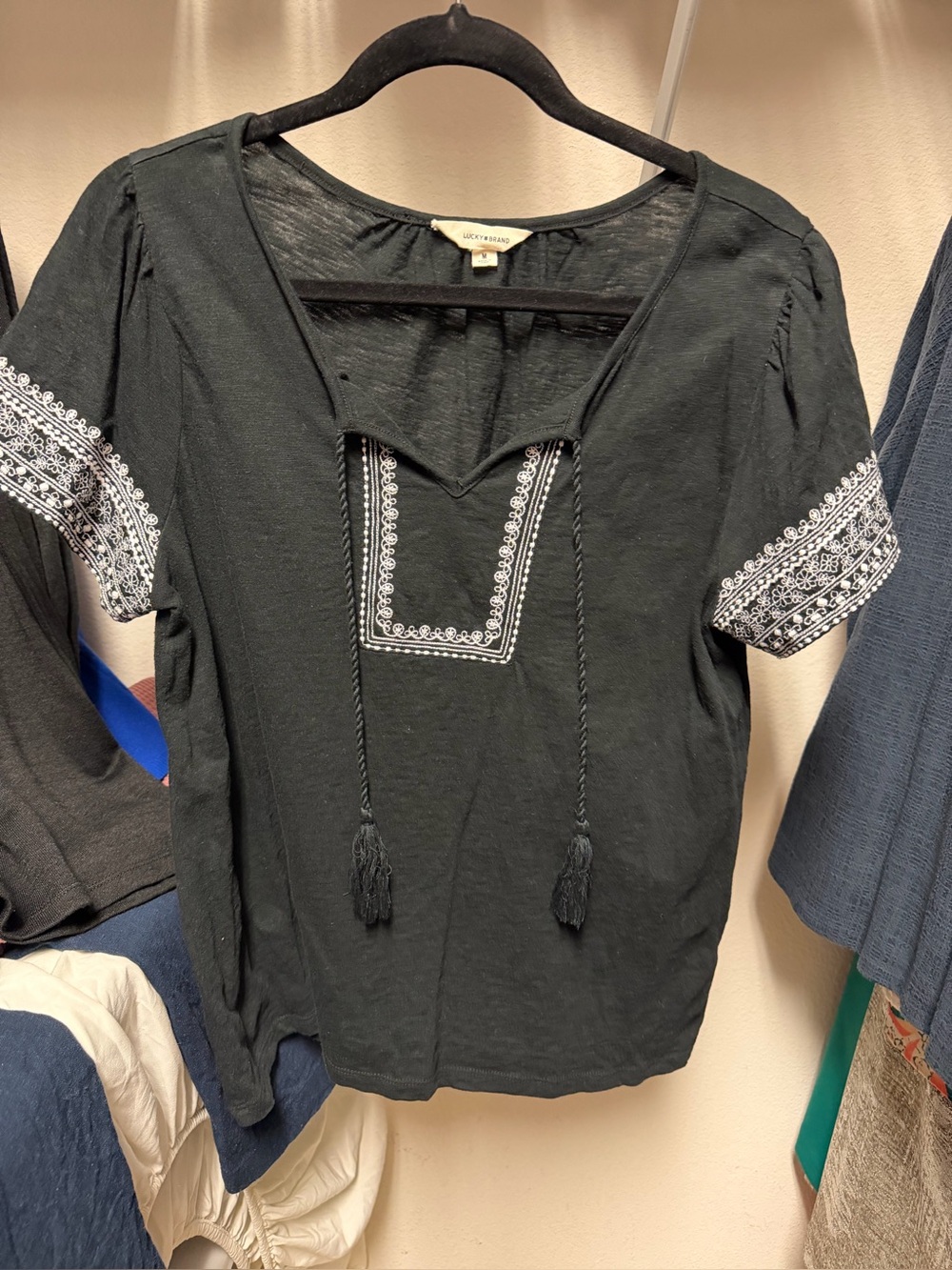 Lucky Brand Black Embroidered Tassel Peasant Top